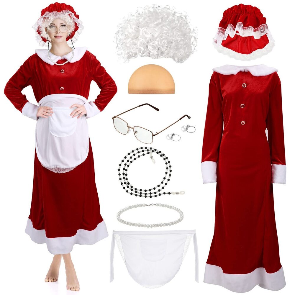 8867 9 Pcs Mrs. Santa Costume Santa Claus Costume Santa Dress Bonnet Apron